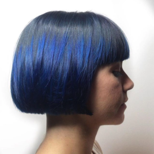 blue short bob haircut with bangs